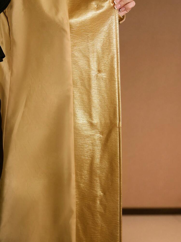 METALLIC SHEEN PU FASHIONABLE MODERN MID-LENGTH ALL-MATCH VERSATILE BELTED TRENCH COAT, AUTUMN/WINTER