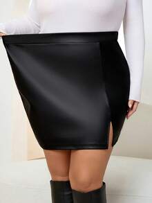 SHEIN CURVE+ Plus Size High Slit Mini Bodycon Skirt, Spring/2026 /New Year - Black - View 6