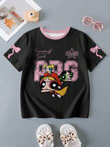 THE POWERPUFF GIRLS X SHEIN Tween Girl Summer Casual Cartoon Blossom, Bubbles, Buttercup Pattern Short Sleeve T-Shirt