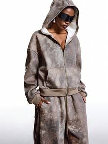 LYSMO 女士扎染落肩长袖拉链连帽卫衣，秋冬款 - 軍綠色 - 查看 4