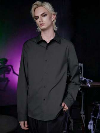 Goth Chemise décontractée ample à manches longues et boutonnage simple de couleur unie pour hommes