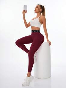 Core Rhythm 休闲百搭酒红色修身反光图案提拉瑜伽紧身裤 - 酒紅色 - 查看 5