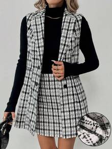 SHEIN PETITE Veste sans manches croisée et jupe évasée Ensemble élégant et décontracté pour le travail et les sorties. Style vintage français. Veste blanche et jupe, ensemble 2 pièces pour l'automne/hiver - Multicolore - Voir 1