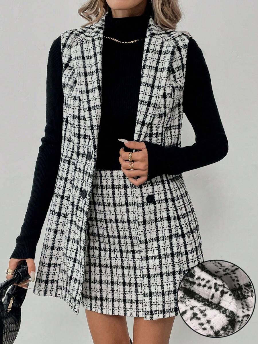 SHEIN PETITE Veste sans manches croisée et jupe évasée Ensemble élégant et décontracté pour le travail et les sorties. Style vintage français. Veste blanche et jupe, ensemble 2 pièces pour l'automne/hiver - Multicolore - Voir 1