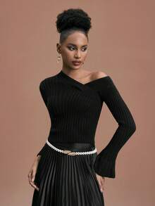 JIAN LASALA Maglione asimmetrico con spalle scoperte e maniche a campana, lavorazione strutturata, pullover nero da donna per l'inverno, top nero da festa con spalle scoperte, top sexy nero a coste, top nero a coste con spalle scoperte, top elegante da spiaggia per invitati a matrimoni - nero - Visualizzare 4