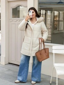 SHEIN LUNE 白色冬季休閒登山大尺碼女款絎縫拉鍊長版連帽填充外套，保暖百搭長袖口袋外套，老錢風辦公室風格 - 杏色 - 查看 5