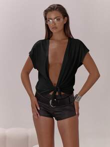 MUSERA Áo croptop dáng rộng cổ khoét sâu thắt nút, sang trọng, gợi cảm, thích hợp cho buổi tối đi chơi, kỳ nghỉ, tiệc tùng, lễ tình nhân, mùa xuân hè, lễ hội, ngày lễ. - màu đen - Xem 5