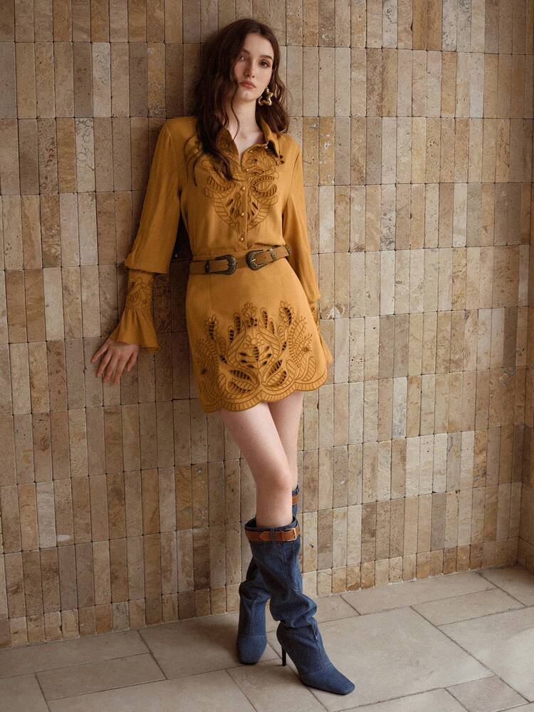 WOMEN'S HOLLOW OUT EMBROIDERED SCALLOP TRIM A-LINE SKIRT, SLIMMING