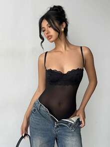 Aloruh Women's Black Summer Lace Corset Bodysuit Seksi Chic Club Top,Contrast Lace Fitted Camisole,Date Night Outfits,Valentine's Day Party - Black - View 3