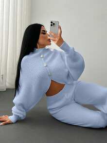 EURMUSE 2 Pieces Ribbed Knit Lounge Set Featuring Asymmetrical Sweater With Decorative Bow Accents And Matching High-Waisted Pants - Baby Blue - View 1