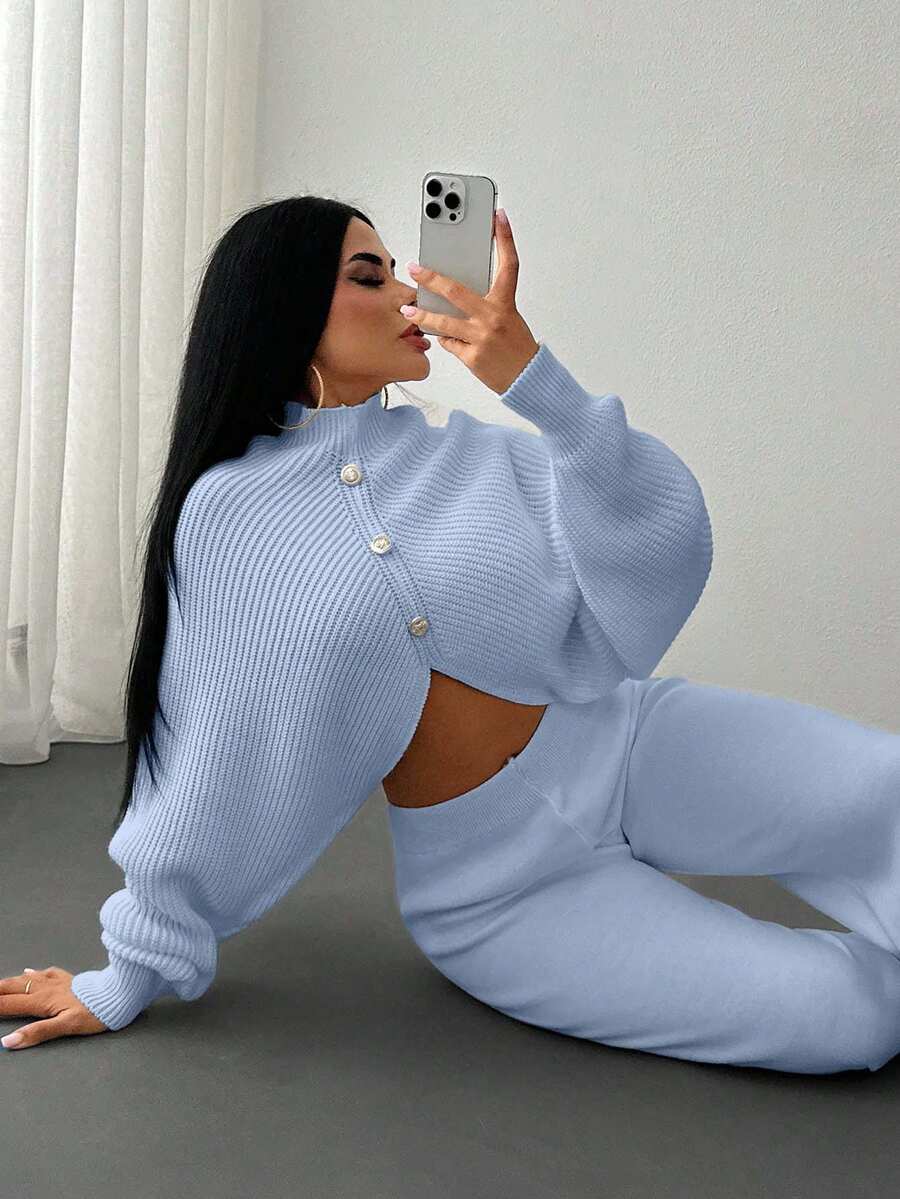 EURMUSE 2 Pieces Ribbed Knit Lounge Set Featuring Asymmetrical Sweater With Decorative Bow Accents And Matching High-Waisted Pants - Baby Blue - View 1