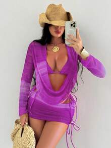Swim SXY 4pcs Women's New Spaghetti Strap Backless Top, Shirt With Side Tie, Tie Side Swim Shorts, And Sexy Bikini Set Set - Purple - View 1