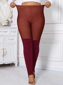 SHEIN Clasi Thermisch gefütterte, wärmende Winter-Leggings in Große Größen, einfarbig, lässig, slim fit - Bordeaux - Übersicht 3