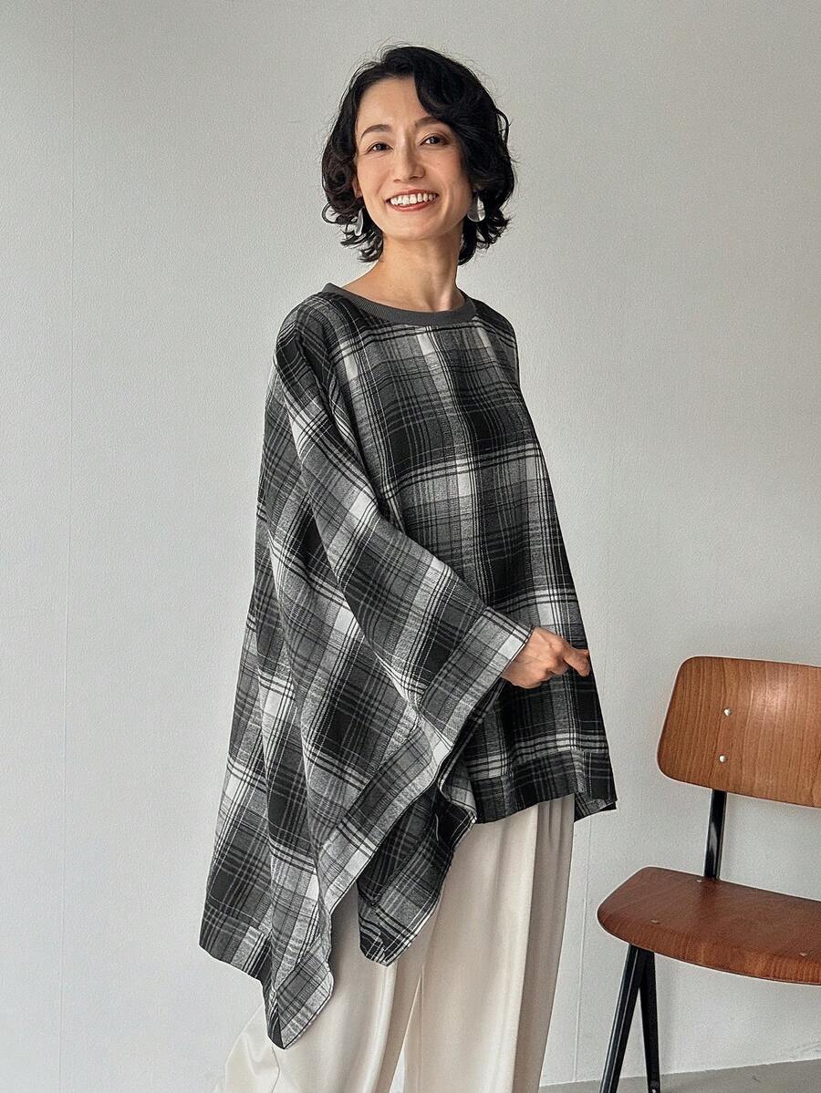 FRIFUL 女士格子圆领蝙蝠袖宽松休闲百搭常规外套,秋冬女式大衣 - 彩色 - 查看 1