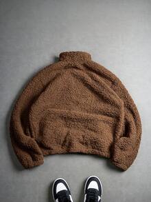 PAVTROS Plus Size Men's Casual Solid Color Fuzzy Jacket, Autumn/Winter,Men's Streetwear,Baggy.Brand,I Love My Boyfriend,Graphic,Plus Size Men,Fuzzy Warm Zip-Up Jacket - Brown - View 5