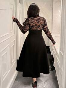 Vibekara Plus Size V-Neck Chinese Style Lace Patchwork Long Sleeve Elegant A-Line Midi Dress, Suitable For Vacation, Party, Date, Gathering, Black Black Lace Dress Classy Black Dress Plus Size Black Dress Elegant Black Dress Curvy Dress Goth Black Dress Lace Black Dress