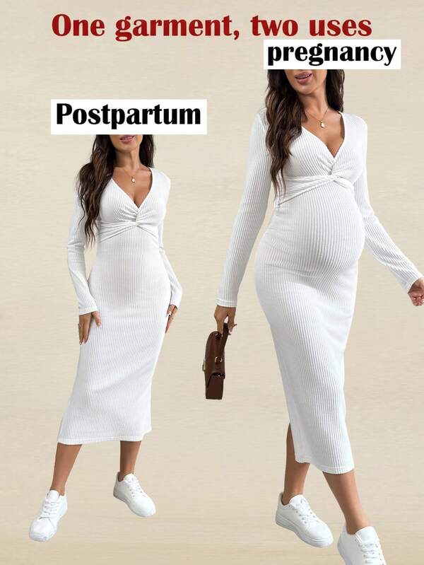 SHEIN Solid Color V-Neck Twist Knot Long Sleeve Bodycon Split Maternity Dress