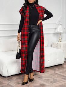 SHEIN Lady Women's Fashion Casual Plaid Print Sleeveless Regular Jacket