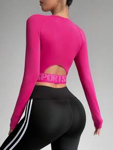 Core Rhythm Women's Sports Yoga Strap Patchwork Long Sleeve T-Shirt Long Sleeve Sports Top - Hot Pink - View 2