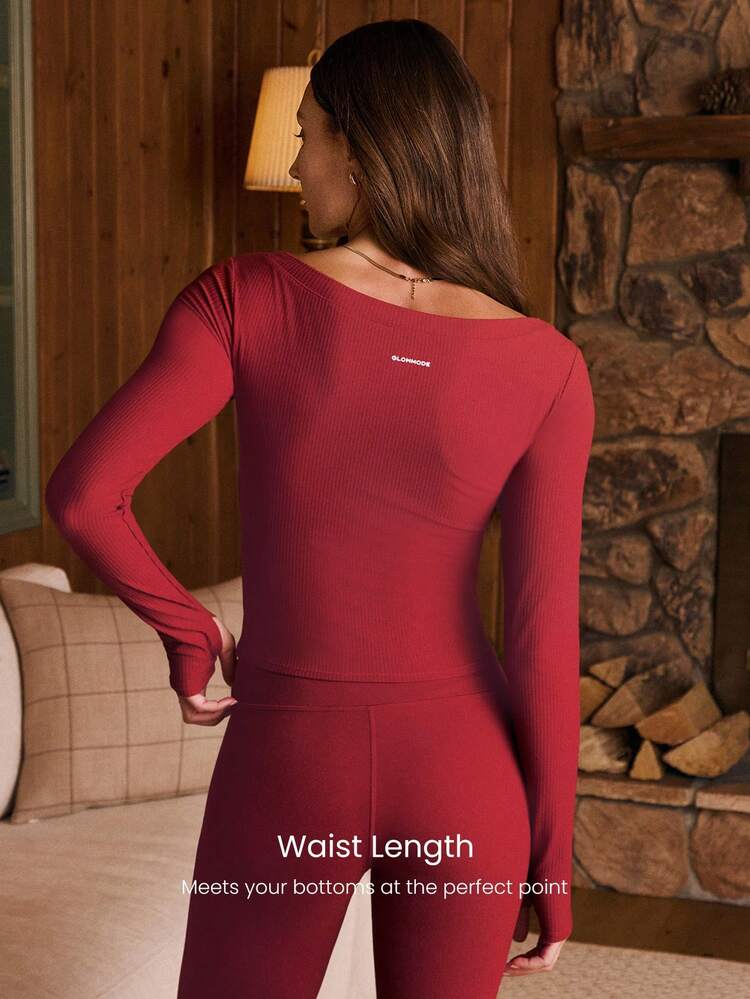 FeatherFit™-Ribbed Merry Moves Soft Stretchy Sweat-Wicking Slim Fit Boat Neck Long Sleeve Top Holiday Christmas  Outdoors Daily Casual Wear Spring Summer