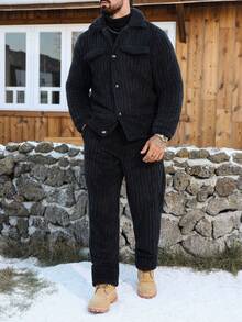 Manfinity CasualCool 男士纯色休闲长袖抓绒外套和裤子套装，秋冬黑色两件套度假装 - 黑色 - 查看 5