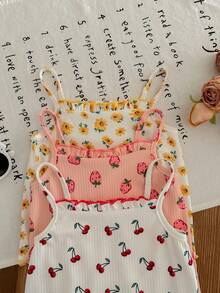 3件套新生女宝宝可爱碎花图案吊带连体衣，夏季印花