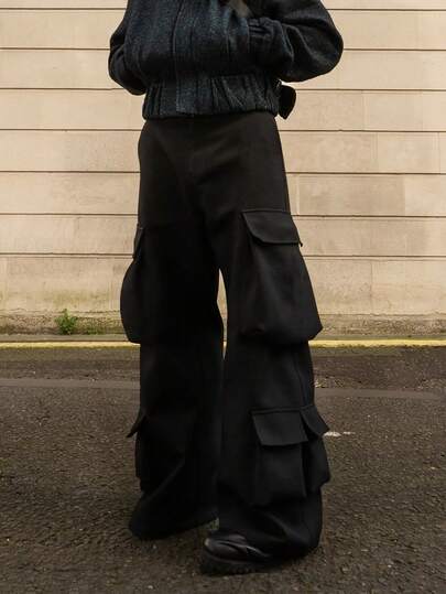 Street Life Pantaloni casual da uomo con vestibilità ampia e gamba larga, colore unito, pantaloni neri a gamba larga, autunnali