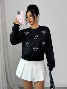 GlowEve Women's Rhinestone Bow Decor Round Neck Drop Shoulder Long Sleeve Casual Sweatshirt - Black - View 5