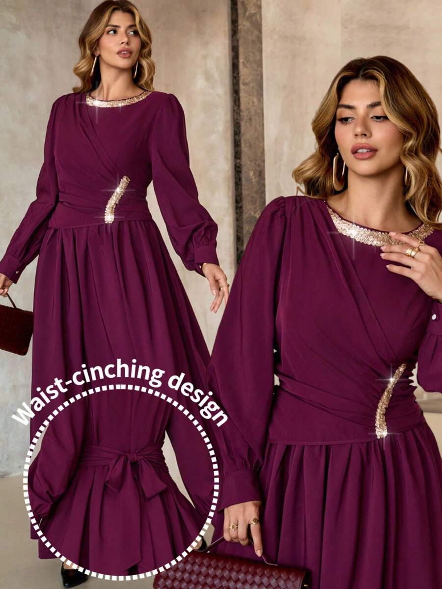 Roveilla Plus Size Women Long Sleeve Chiffon Round Neck Waist Cinched Flared Hem Sequin Ribbon Mesh Overlay Dress, Party - Red Violet - View 1