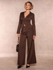 SHEIN Glamour Bộ vest nữ thanh lịch cổ điển màu nâu ôm sát cài nút phía trước, quần ống rộng màu nâu, bộ vest công sở thường ngày cho nữ, trang phục công sở, trang phục dạo phố, bộ vest thu/đông - Cà phê nâu - Xem 3