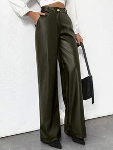 SHEIN Tall Prive Gold Button Detailed Straight Fit Leather Pant, Tall Women - Army Green - View 5