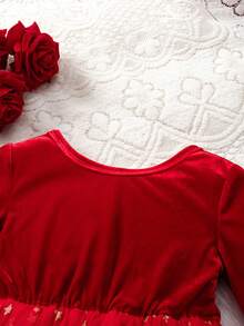 SHEIN Elegantes rotes Samtkleid mit Netzärmeln für Kleine Mädchen - Rot - Übersicht 3