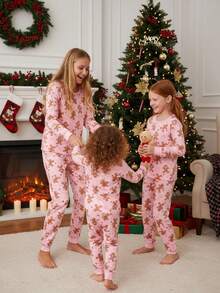 2pcs/Set Toddler Girls Cute Gingerbread Print Pattern Pink Christmas Round Neck Long Sleeve Snug Fit Knit Stretch Fabric Soft Pajama Set Snug Fit Mommy And Me Pajama Set