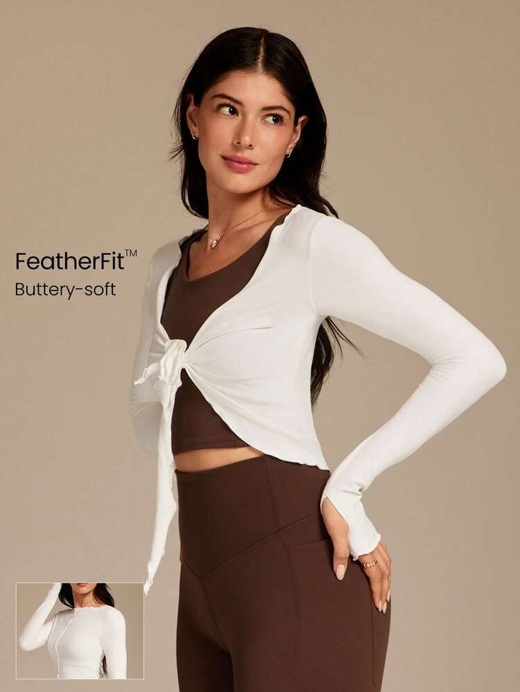 FeatherFit™ グライドライト ソフト ストレッチ 吸汗速乾 リバーシブル フロントタイウエスト サムホール ウエスト丈 長袖ラップトップ 秋冬 ヨガ ピラティス スタジオ デイリーカジュアルウェア