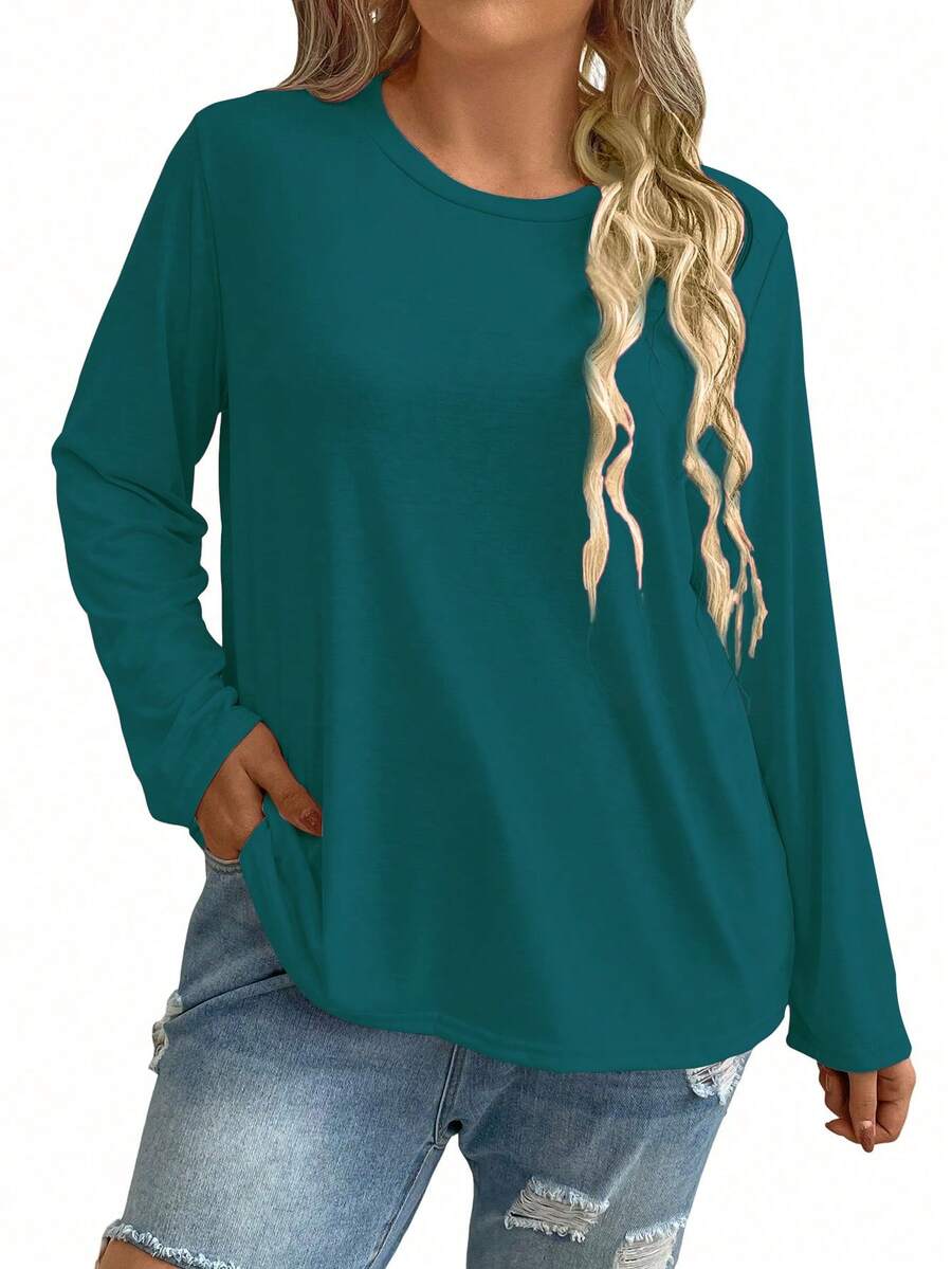 Plus Size Women Christmas Casual Loose Fit Round Neck Long Sleeve T-Shirt - Dark Green - View 1