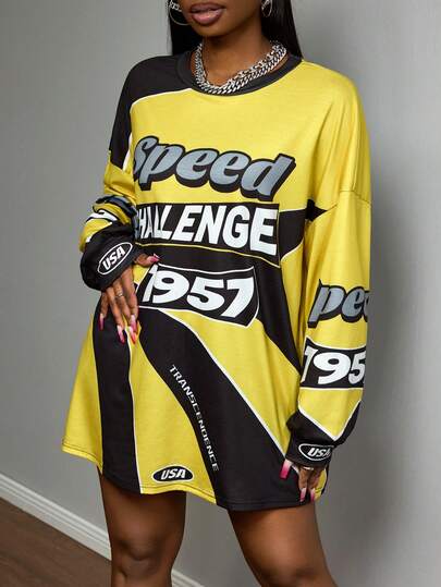 Slaydiva 2025 Winter New Arrivals, New Year, Valentine's Day, Party, Evening Party, Date, Gathering, Birthday Party, Preppy Style, Student Wear, Casual, Basic And Versatile, Casual, Cruise Travel, Popular Online Item, Color-Blocked Round Neck Long Sleeve, Loose Fit, Light Yellow Base With Black And White English Print, Winter Base Layer Top