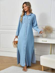 SHEIN LUNE فستان قميص جينز بأكمام طويلة منسدلة، أحادي اللون، قابل للاستخدام في مناسبات متعددة، مع فتحة أمامية وشق - أزرق فاتح - مشاهدة 8
