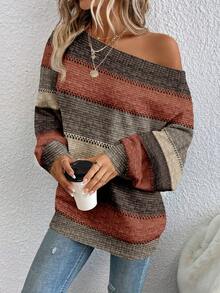 EMERY ROSE Women's Casual Knit Striped Off-Shoulder Sweater, Suitable For Autumn/Winter - Multicolor - View 3