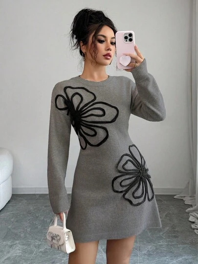 Elenzga Elegant stickad klänning med 3D-blomdekor, höst/vinter