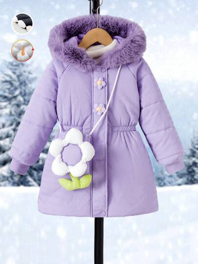 SHEIN 2件装少女紫色可爱休闲连帽拉链羽绒服，腰部收紧加厚保暖外套，配有3D立体花卉装饰袋，适合户外、秋冬季、休闲、上学、派对等场合穿着。