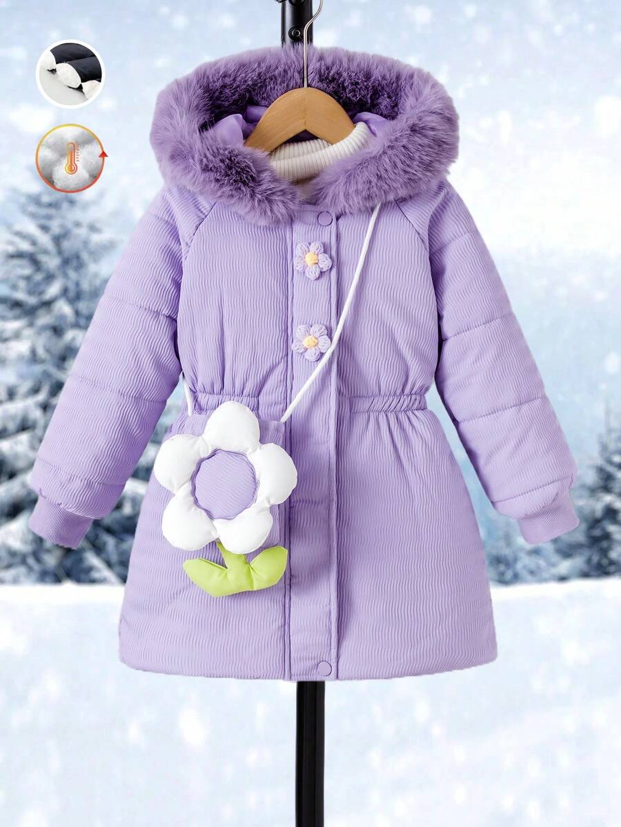 SHEIN 2 Stücke gesteppter Mädchen Mantel in Lila mit Kapuze, Reißverschluss und wattiertem Futter. Taillengürtel, schmale Passform, wattiertes Fleecefutter, mit 3D-Blumendekor und Tasche. Geeignet für Outdoor-Aktivitäten, Herbst/Winter, Freizeit, Schule und Partys. Mädchen-Wintermantel mit Kapuze, lila Outfit, elegante Fleecejacke für Mädchen, Peter-Pan-Mantel.