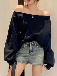 DAZY 女士不对称肩部闪亮水钻卫衣，藏蓝色，带保暖内衬，适合秋季、冬季、新年、圣诞派对穿着 - 藏蓝色 - 查看 11