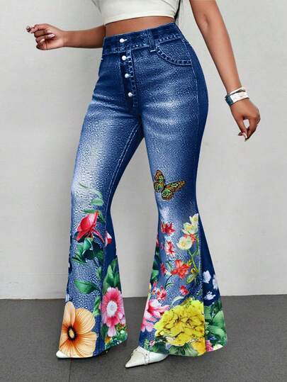 Maweii Plus Size Women Faux Denim Butterfly Print Casual Flare Pants Fall Cloth For Women