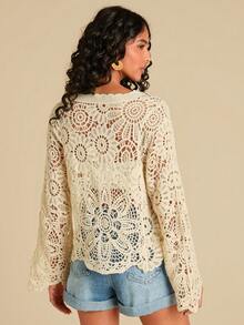 Travachic 女士花卉镂空宽松圆领长袖针织上衣，适合圣诞节、新年、感恩节、优雅冬季、毕业典礼、舞会、奢华晚宴等场合。 - 杏色 - 查看 2