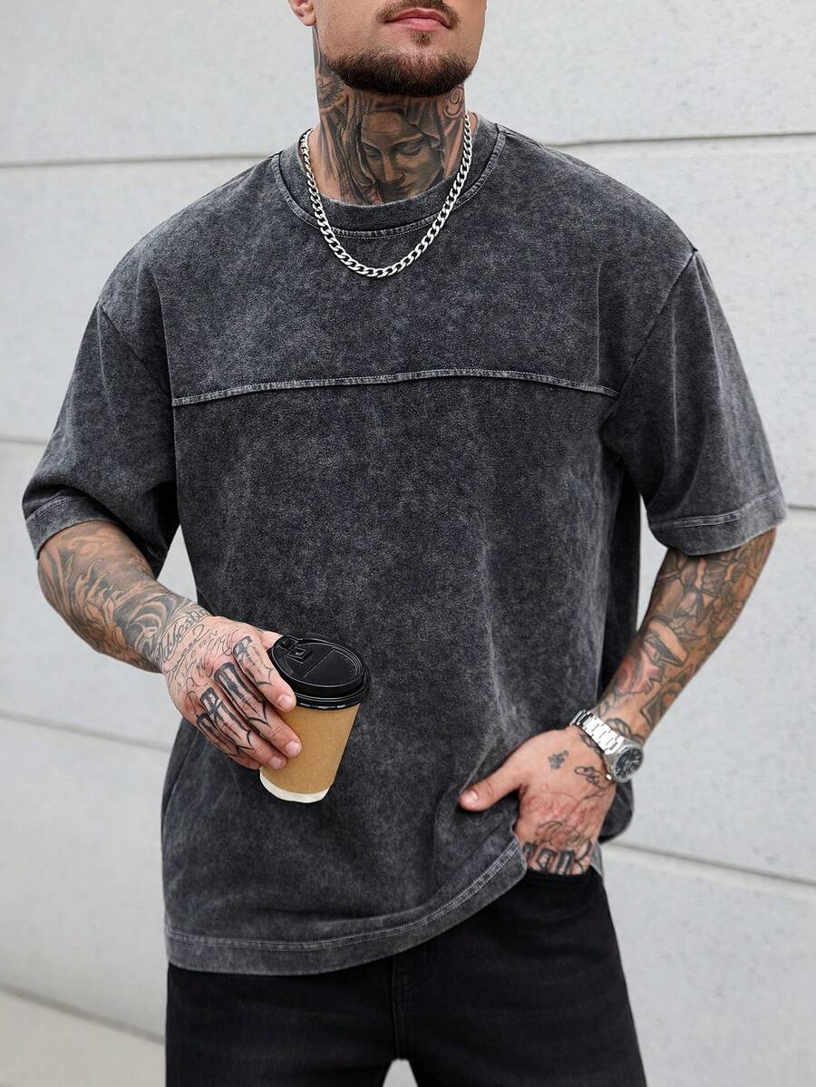 Manfinity CasualCool 男士休闲纯色圆领短袖T恤 - 黑色 - 查看 1