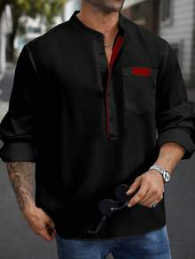 Manfinity Homme Camicia casual a maniche lunghe con bottoni e design a contrasto di colore con tasche, per uomo taglia grande