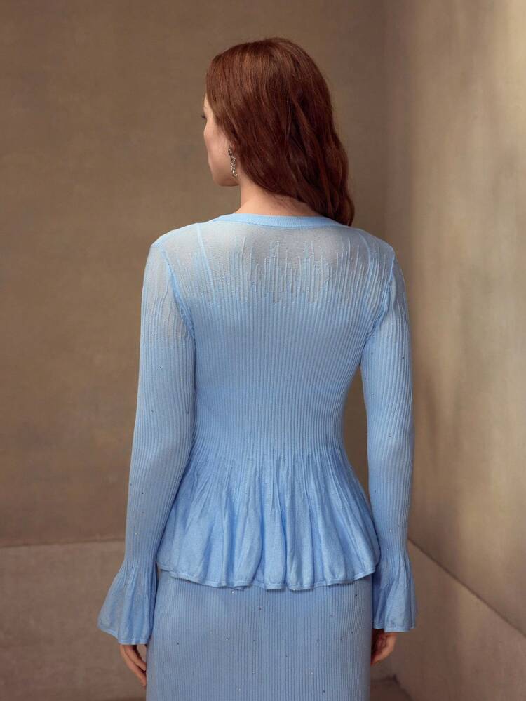 BLUE KNIT CARDIGAN WITH RHINESTONE EMBELLISHMENT