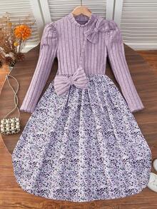 SHEIN Gaun Lengan Panjang Motif Patchwork Berwarna Polos untuk Anak Perempuan Remaja - Purple - View 8