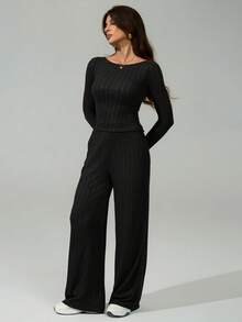 SHEIN Tall Autumn And Winter Women's Wide-Striped Knitted Slim Irregular Slanted Hem Top + Wide-Leg Pants Casual And Comfortable Home Black Two Pieces Suit - Black - View 5