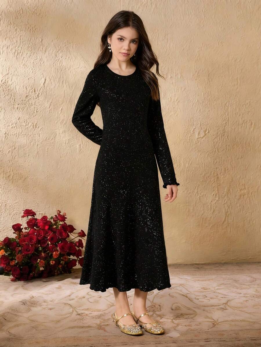 Elegant, Luxurious, Fashionable, Minimalist Round Neck Long Sleeve Fitted Dress, Silver Foil Fabric, Suitable For Teenagers, Black, All Seasons - Black - View 1